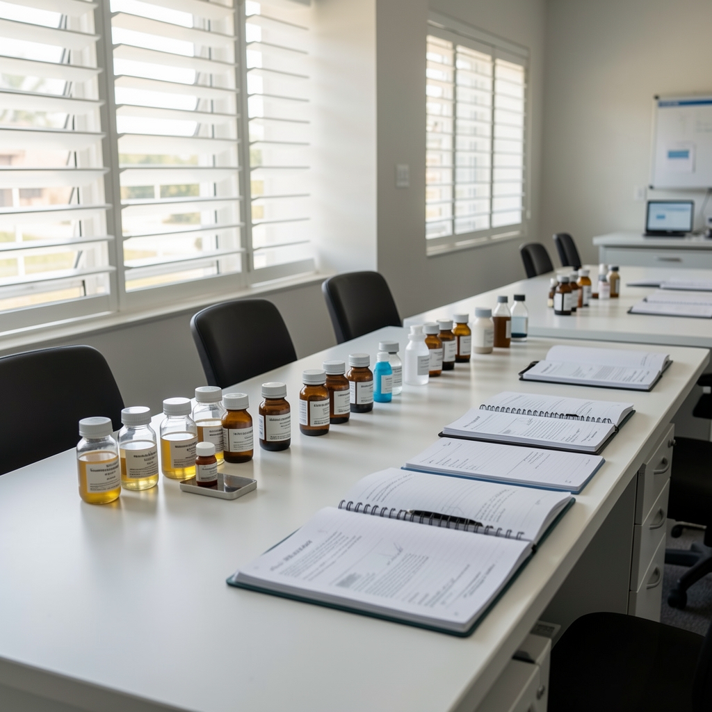 Formulation workspace interior with ingredient samples arranged on a long white table, natural light through louvred windows, notebooks and documentation spread across the surface