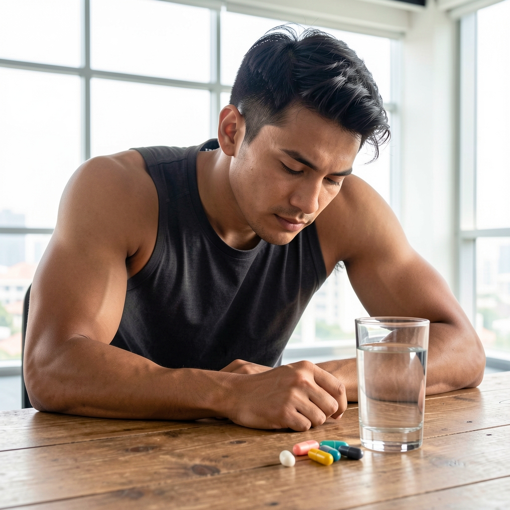 Male athlete resting after physical activity, glass of water and supplement capsules on a wooden surface in a bright Jakarta studio