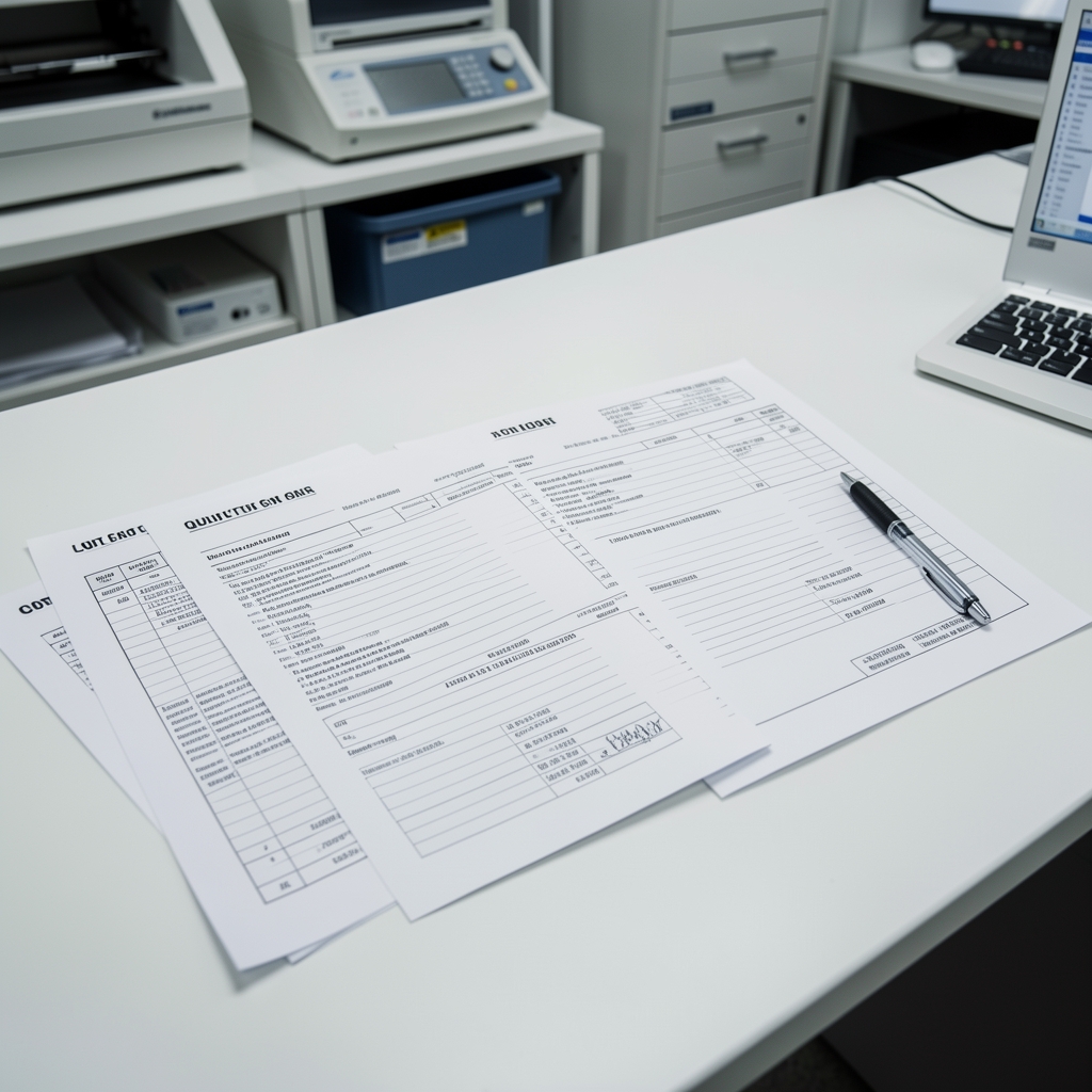 Printed lot record documents spread on a white desk surface in a quality-control environment, batch codes visible on document headers, a pen resting beside the papers