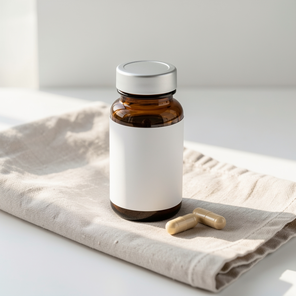 Velmona Daily supplement bottle on a clean white surface, natural morning light, two capsules arranged beside the bottle on a linen cloth