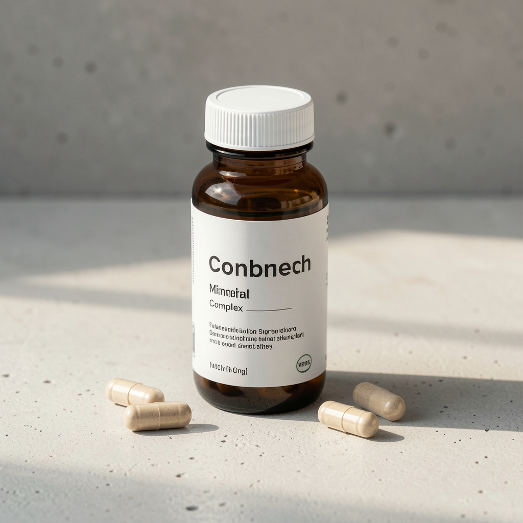 Velmona Daily complete mineral complex bottle on a light concrete surface with capsules arranged beside it under natural light