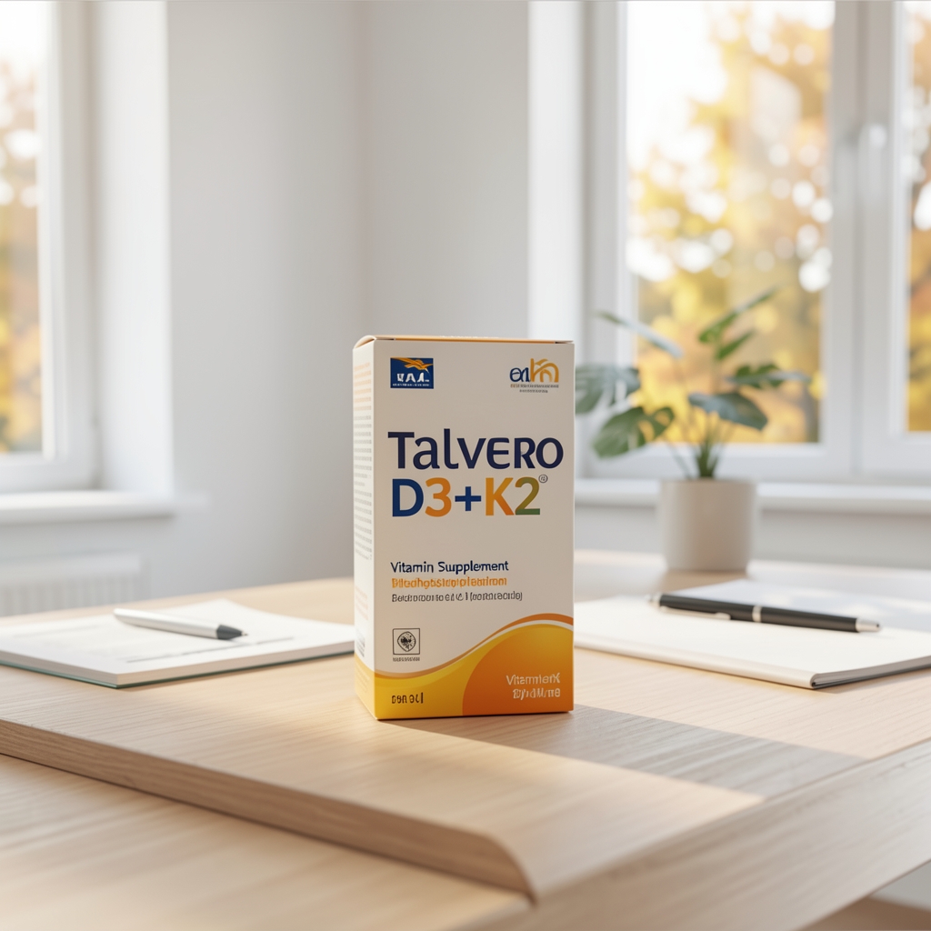 Velmona D3+K2 vitamin supplement packaging with a seasonal sunlight photograph in the background on a wooden surface