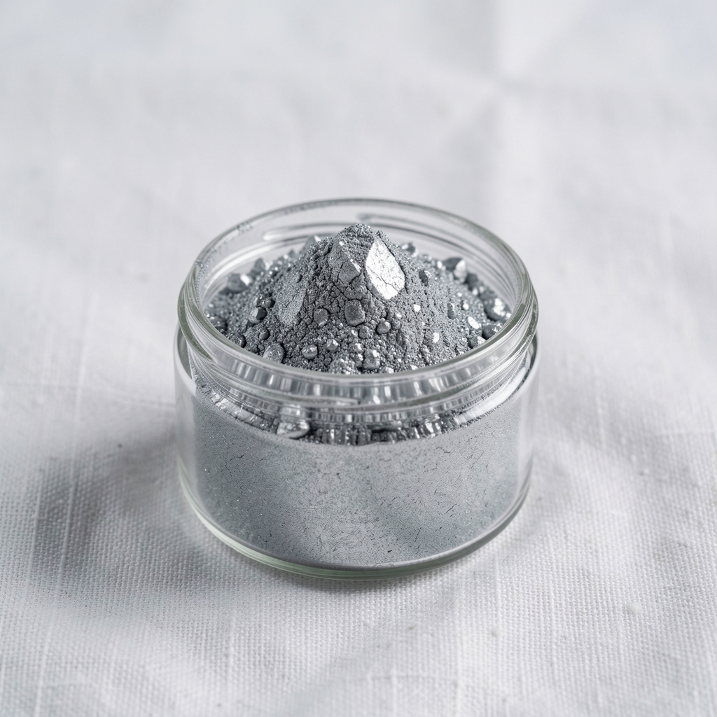 Zinc mineral powder in a small glass container on white linen surface under controlled laboratory lighting