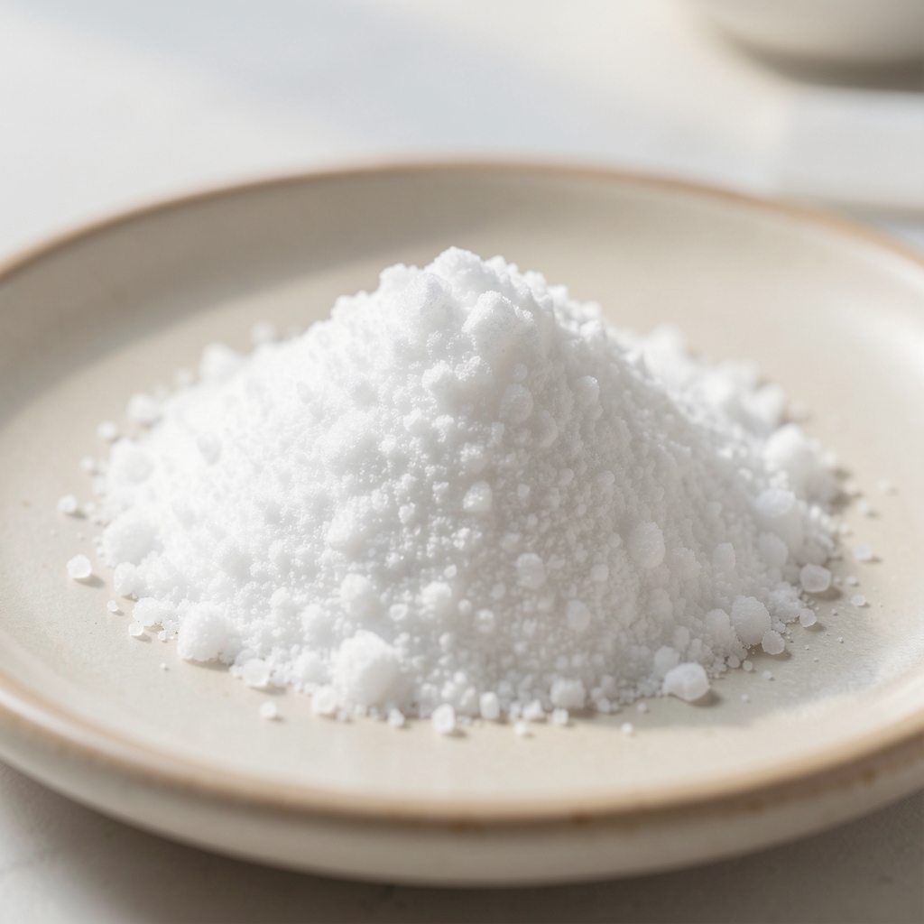 Magnesium citrate crystalline powder photographed close-up on a clean ceramic surface with soft daylight
