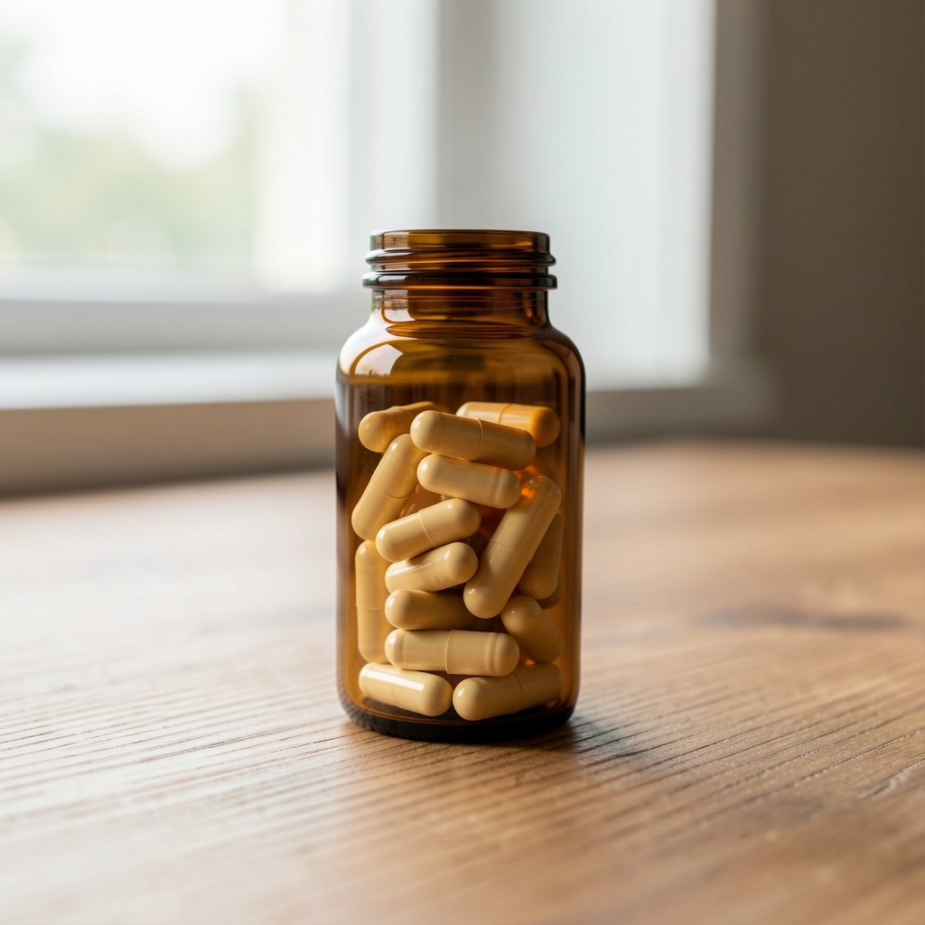 Vitamin D3 cholecalciferol capsules in a small amber glass bottle on a wooden surface with natural window light